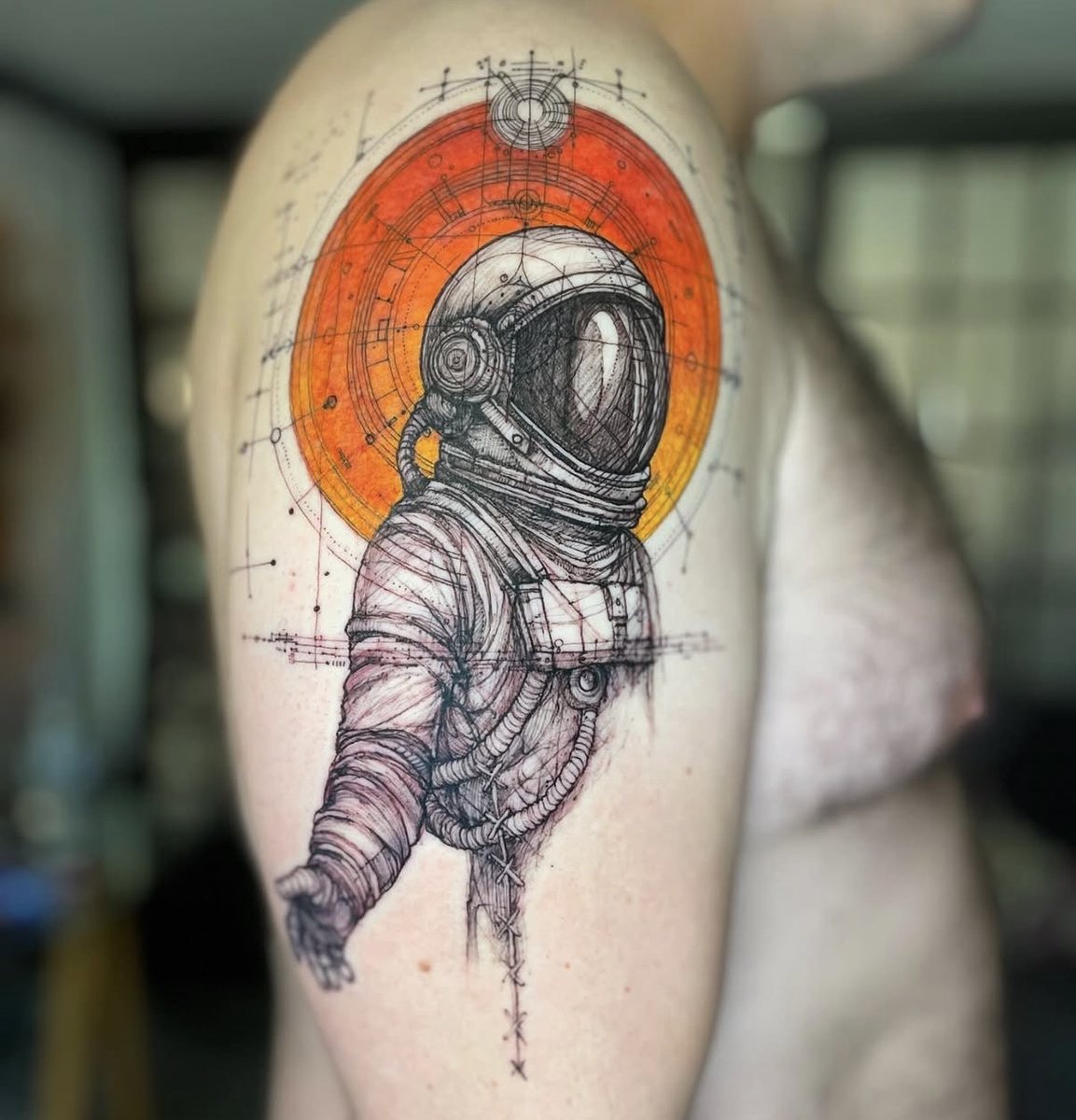 Illustrative astronaut, colour and line work