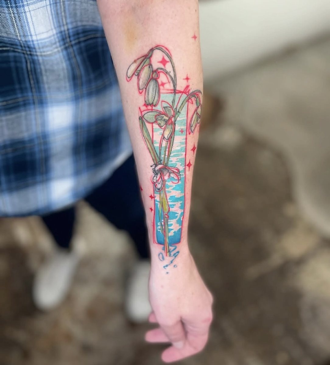Snowdrops with red line-work overlay