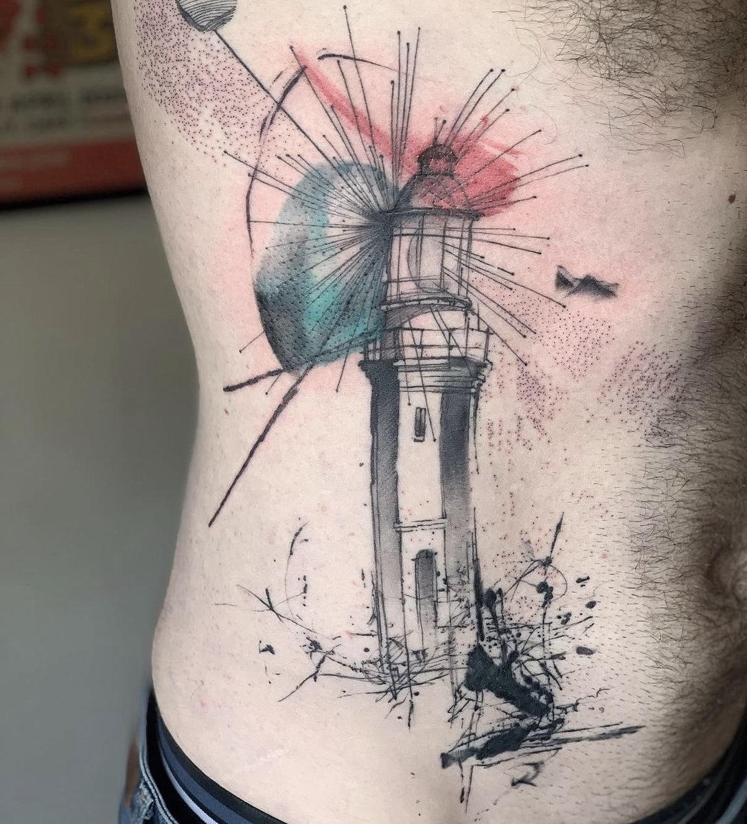 Watercolour lighthouse with dot work