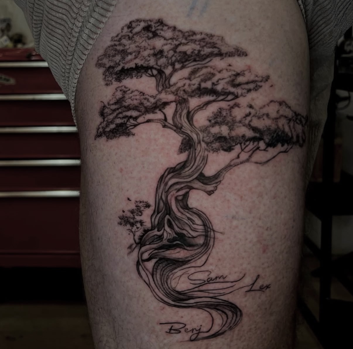 Black-and-grey bonsai tree with names lettered into its roots.