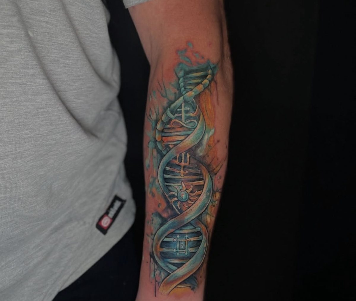 Colour realism DNA helix with alchemical symbols